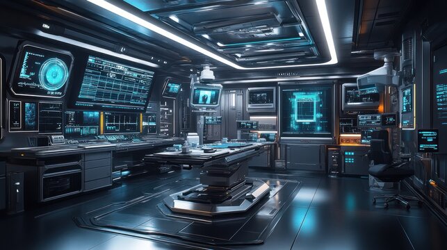 Futuristic control room with advanced technology and monitors.
