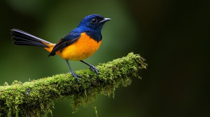 A vibrant bird perched on a mossy branch in a natural setting.
