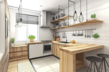 Modern Kitchen Design Sketch Showing Wooden Cabinets and Island
