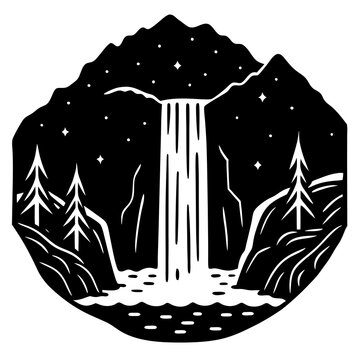black waterfall landscape with mountains and stars clip art preview