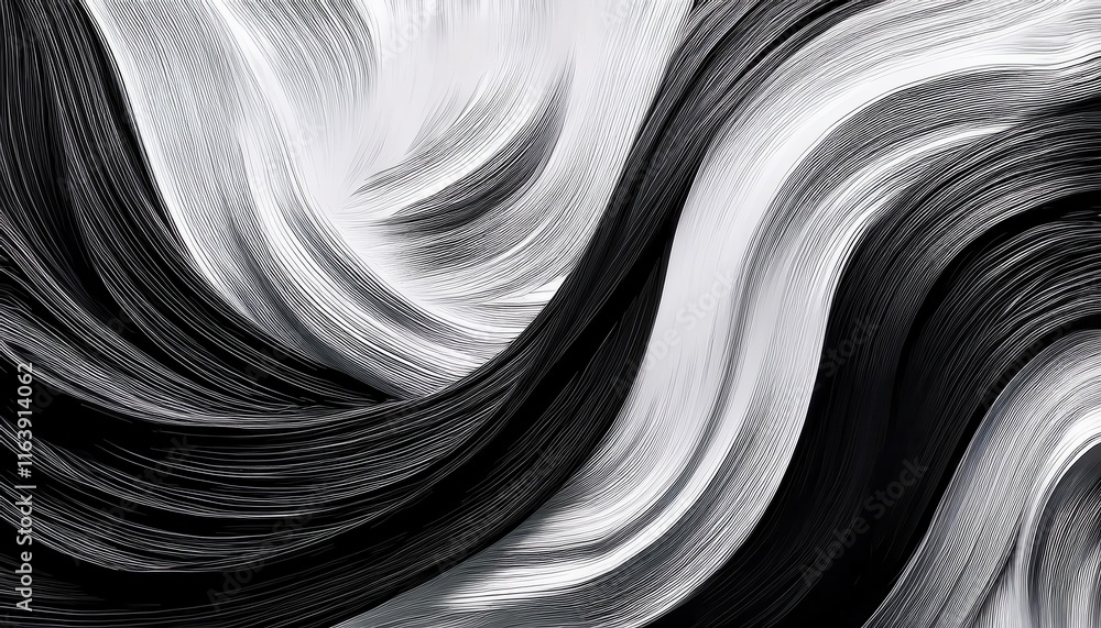Poster Dynamic Black and White Abstract Swirls. High Contrast Flow of Textured Lines Depicting Elegance and Motion, Perfect for Modern Graphic Design, Branding, Web Banners, or Artistic Background