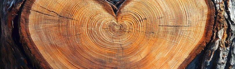 Naklejka premium Extreme close-up of a cross-section of a heart-shaped tree trunk with visible growth rings, isolated for nature projects -