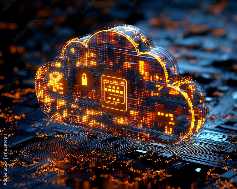 Poster 3d rendered cloud storage surrounded by glowing data protection icons and cybersecurity layers, set 