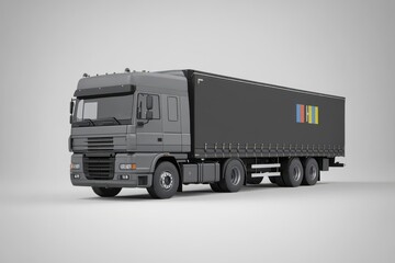 Obraz premium A gray truck with a covered trailer, designed for transporting goods.