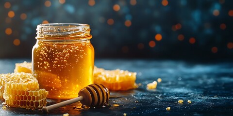 Jar of honey with honeycomb	