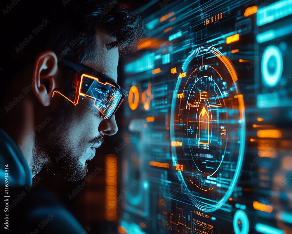 Poster advanced cybersecurity professional reviewing complex digital data, holographic security symbols and
