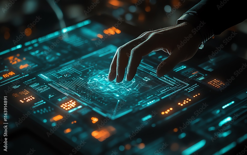 Poster cybersecurity analyst interacting with a hightech digital interface, surrounded by floating data poi
