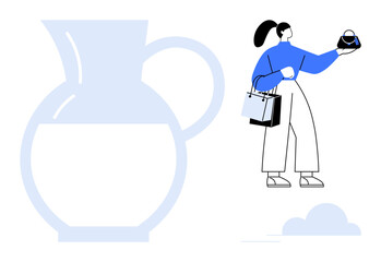 Woman with ponytail, handbag and shopping bags walking past a large transparent pitcher. Ideal for retail themes, consumer behavior, lifestyle, purchasing power, minimalist designs, healthy habits