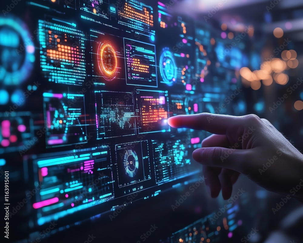 Poster cybersecurity specialist examining advanced digital screen with glowing security layers, bright data
