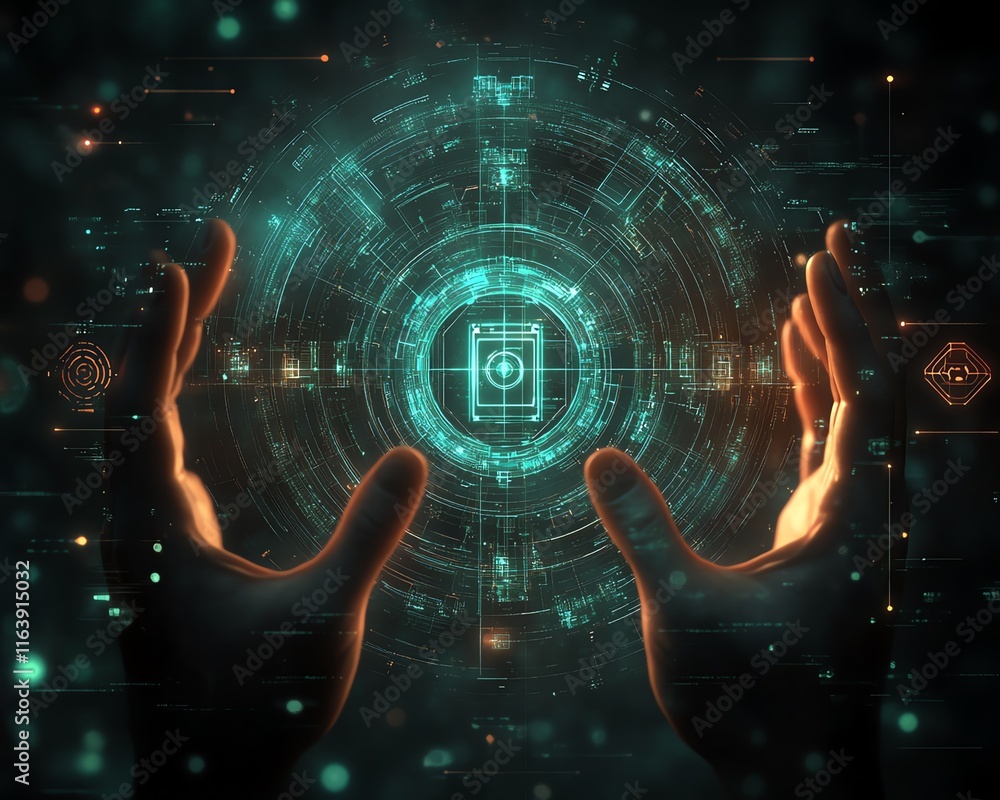 Poster detailed digital lock hologram, surrounded by sharp glowing warning icons, hands forming a shield, f