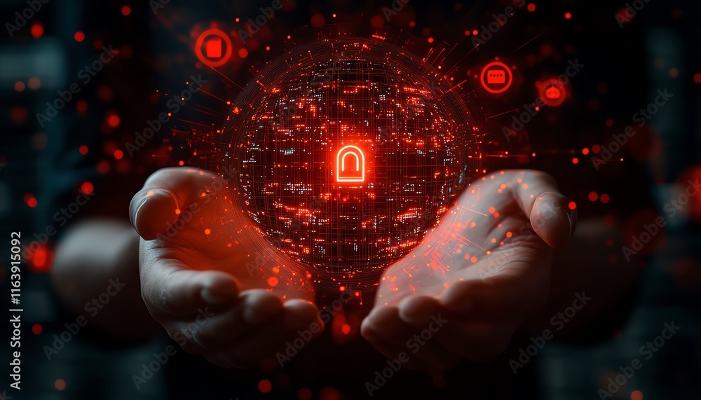 Poster digital lock hologram with intricate glowing details, red alert symbols floating around, cupped hand