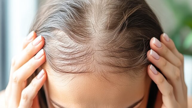 Close-up image of a woman examining her thinning hair, conveying concerns about hair loss, Ideal for health and beauty articles, blogs, and ads focused on hair care and restoration solutions,