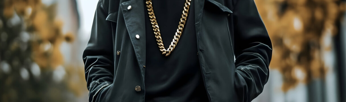 Fashionable man wearing a bold gold chain and dark clothing  -