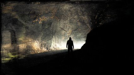 A sinister silhouette of a demonic figure with glowing eyes standing in the countryside at night. With a horror grunge edit.