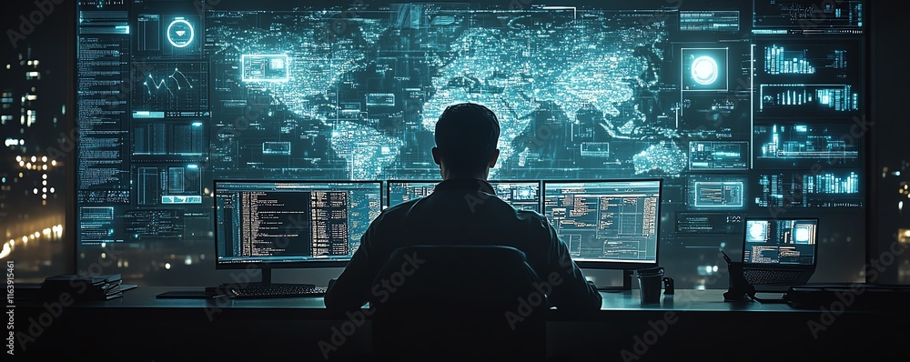 Poster futuristic cybersecurity analyst working with a complex digital interface, glowing security icons, d