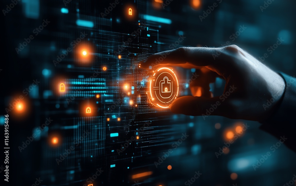 Poster futuristic cybersecurity expert interacting with a complex digital interface, illuminated icons and 