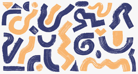Brush drawn bold shapes, arrows, asterisks, circles set. Collection of curly vector brush strokes, squiggle thick lines for banner, print or collage. Template color grunge style rough symbols, shapes.