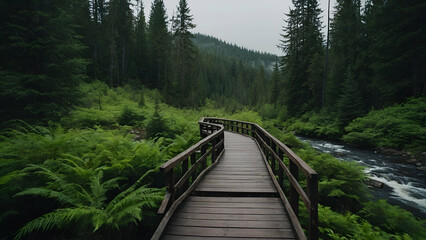 Wooden Bridge and Pathway Through a Forest Landscape with Lush Green Trees and River Views