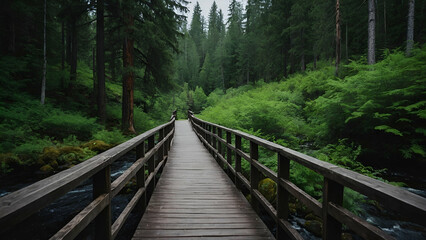 Wooden Bridge and Pathway Through a Forest Landscape with Lush Green Trees and River Views