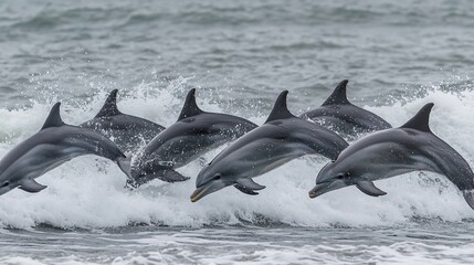 Naklejka premium Dolphins leaping through waves, oceanic wildlife, marine mammals in their natural habitat. A breathtaking scene of nature's power and beauty.