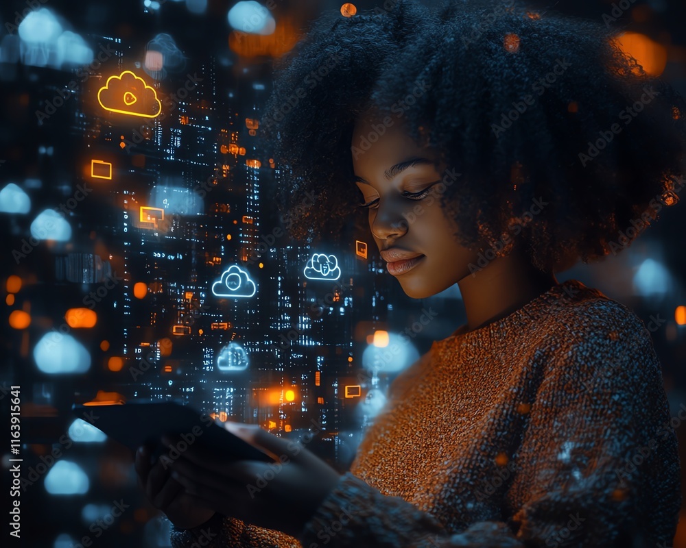 Poster futuristic woman using a digital cloud storage interface, glowing data symbols and encrypted files f