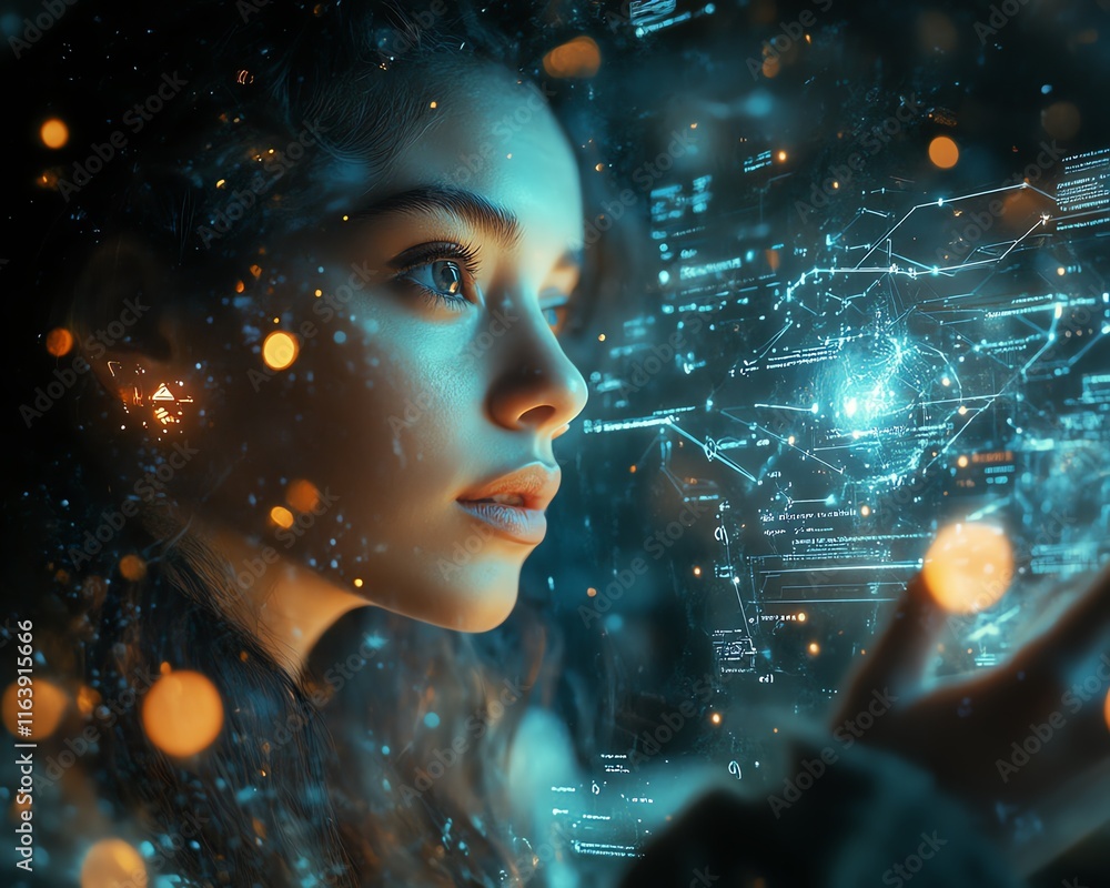 Poster futuristic woman using a digital cloud storage interface, glowing data symbols and encrypted files f
