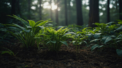 Lush Tropical Rainforest with Palm Trees, Ferns, and Vibrant Flora along a Rainy Path"