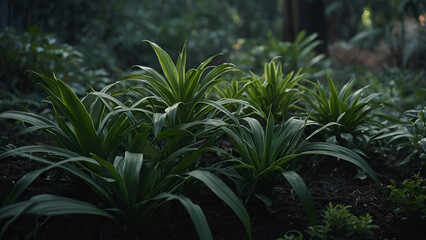 Lush Tropical Rainforest with Palm Trees, Ferns, and Vibrant Flora along a Rainy Path"