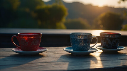 Ceramic Tea or Coffee Cup on Wooden Table: Isolated Mug and Breakfast Bowl in Kitchen Setting