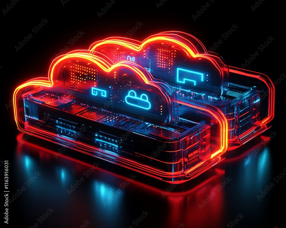 Poster safeguarded cloud storage concept with glowing cybersecurity elements and data protection symbols, i