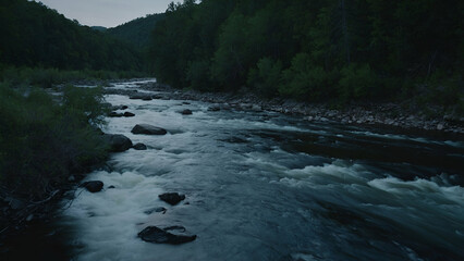 Scenic River Flowing Through Forest with Autumn Trees, Rocks, and Mountain Reflection at Sunset