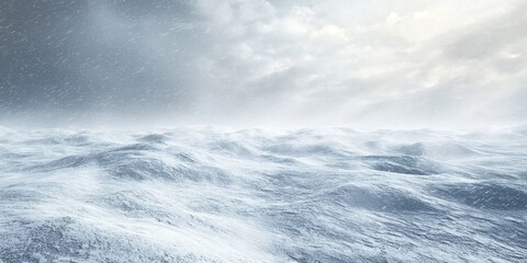 A snowstorm blowing fiercely across an empty landscape, with visibility reduced to a few feet.
