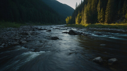 Scenic River Flowing Through Forest with Autumn Trees, Rocks, and Mountain Reflection at Sunset