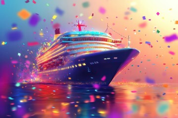 Fototapeta premium Festive Cruise Ship Sailing Amidst Colorful Confetti