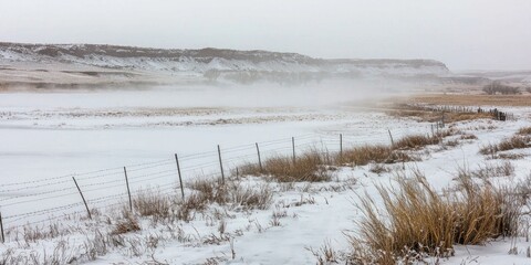 A snowstorm blowing fiercely across an empty landscape, with visibility reduced to a few feet.