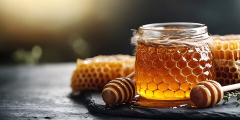 Jar of honey with honeycomb	