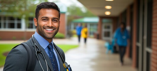 A smiling healthcare professional stands confidently outside a medical facility, showcasing a welcoming demeanor, This image can be used for promoting healthcare services or medical education,