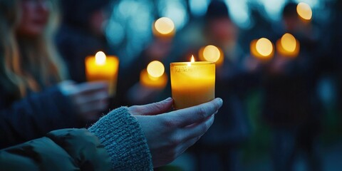 A solemn candle vigil outdoors, with individuals holding candles and reflecting quietly.