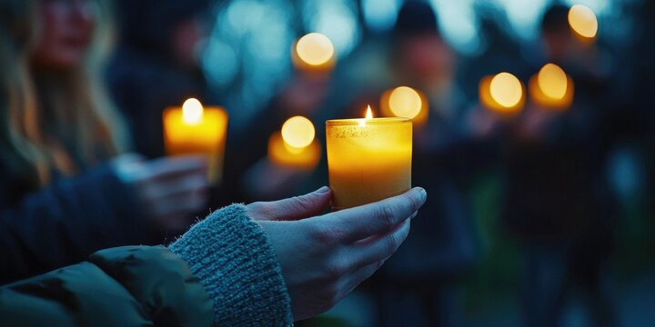 A solemn candle vigil outdoors, with individuals holding candles and reflecting quietly.