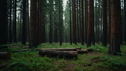 Misty Forest Path with Sunlight Filtering Through Green Pine Trees and Lush Woodland Foliage