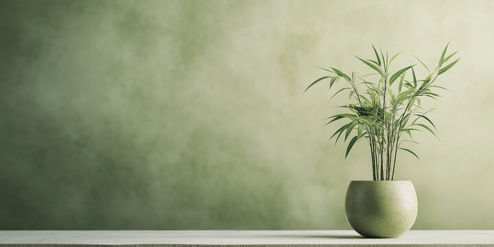 Bamboo plant in a neutral ceramic pot set against a muted green gradient backdrop