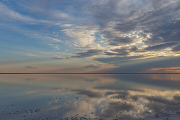 Beautiful sunset on the Elton salt lake. Volgograd region, Russia