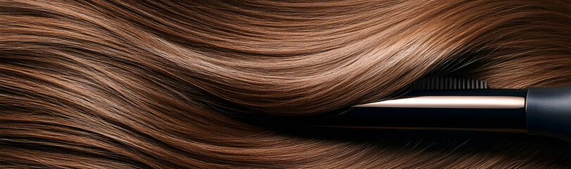 Fototapeta premium Hair straightener smoothing long brown hair into a sleek finish -