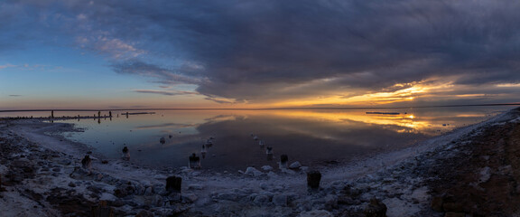 Beautiful sunset on the Elton salt lake. Volgograd region, Russia