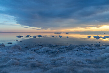 Beautiful sunset on the Elton salt lake. Volgograd region, Russia