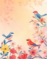 Birds on a Branch with Flowers in a Spring Nature Design