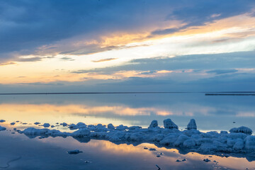 Beautiful sunset on the Elton salt lake. Volgograd region, Russia