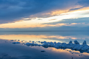 Beautiful sunset on the Elton salt lake. Volgograd region, Russia