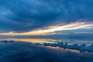 Beautiful sunset on the Elton salt lake. Volgograd region, Russia