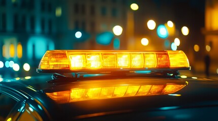 A close-up of a police car's illuminated emergency light bar at night, capturing the vibrant colors against a blurred urban backdrop, ideal for articles on law enforcement, safety, or city life,
